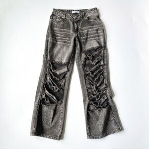 Witty Fox Distressed Ripped Flare Jeans Gray Acid Wash Y2K Grunge Low Rise 3/26